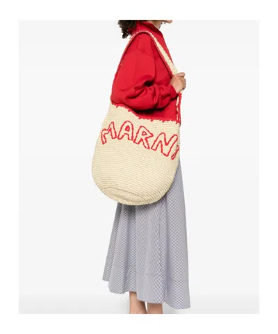 Marni Natural Raffia And Blue Nassa Medium Hobo Bag