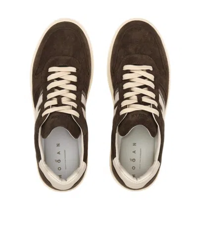 Hogan Leather Sneakers With Suede Finish And Rubber Sole In Brown