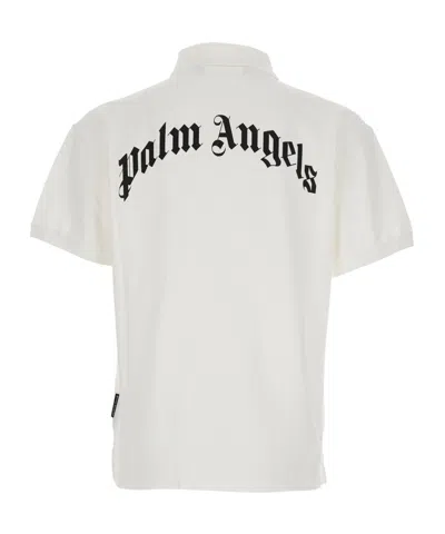 Palm Angels White Polo Shirt With Classic Collar And Logo On The Front In Metallic
