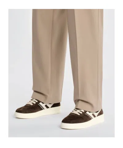 Hogan Leather Sneakers With Suede Finish And Rubber Sole In Brown