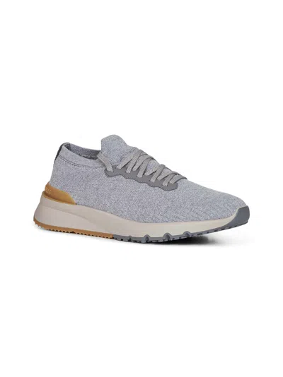 Brunello Cucinelli Low Slip-on Stretch Wool Knit Sneakers With Rubber Sole In Gray