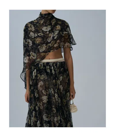 Magda Butrym Flowy High-neck Cropped Blouse In Black Print In Black