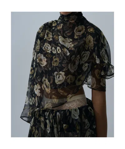Magda Butrym Flowy High-neck Cropped Blouse In Black Print In Black