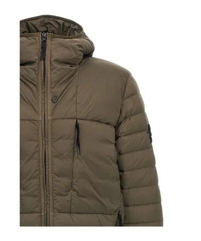 Stone Island Drawstring Hooded Quilted Side Zip Jacket In Brown