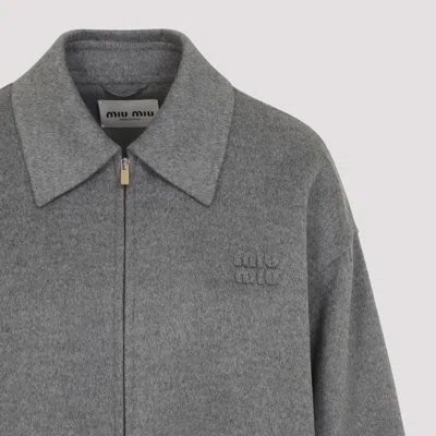 Miu Miu Logo-patch Zip-up Bomber Jacket In Wool In Gray