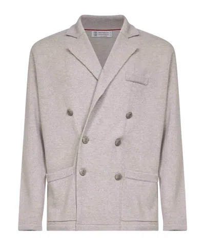 Brunello Cucinelli Beige Cashmere Knit Blazer-style Cardigan In Silver