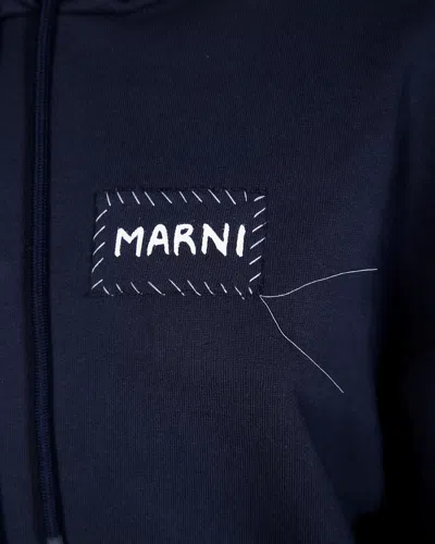 Marni Cropped Hoodie In Deep Navy With Distinctive Patch