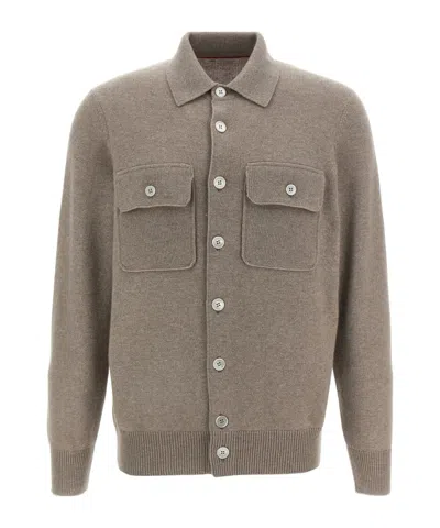 Brunello Cucinelli Cashmere Collared Design Cardigan In Neutral
