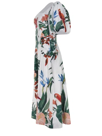 Farm Rio Midnight Mccaw Fiesta Floral Linen Blend Midi Dress In White