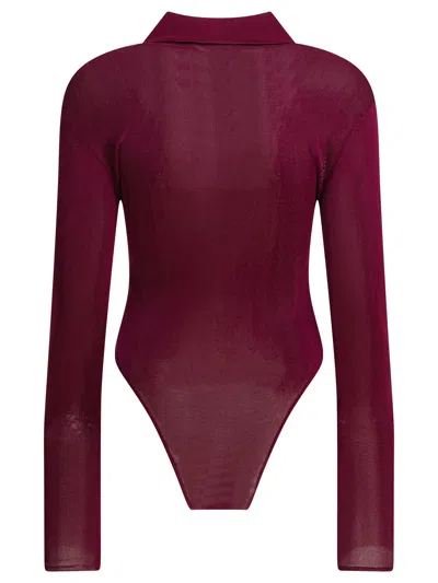 Self-portrait Self Portrait Women Burgundy Viscose Knit Long-sleeved Bodysuit