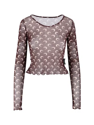 Marine Serre Recycled Moon Mesh Ss Cropped Top In Brown