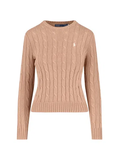 Polo Ralph Lauren Cable Knit Beige Sweater With Logo Embroidery In Nude