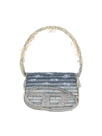 Diesel 1dr Denim Canvas Shoulder Bag With Crystal Appliques