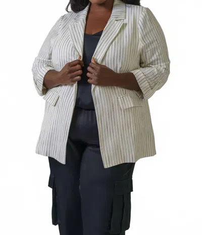 Skies Are Blue Linen Pinstripe Cuffed Blazer - Plus Size In Off White & Black