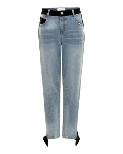 Hellessy Libby Ankle Jeans With Velvet Stripe & Bows In Medium Distressed Wash/black In Blue