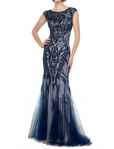 Ivonne D Hand Beaded Tulle Trumpet Gown In Midnight/nude