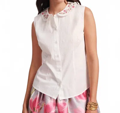 Frances Valentine Louise Floral Embroidered Collar Top In White In White