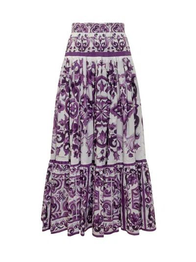 Dolce & Gabbana Violet Long Skirt With Ruffle Hem And All-over Floral Motif In Cotton Woman