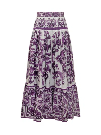 Dolce & Gabbana Violet Long Skirt With Ruffle Hem And All-over Floral Motif In Cotton Woman