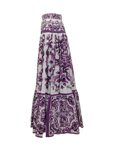 Dolce & Gabbana Violet Long Skirt With Ruffle Hem And All-over Floral Motif In Cotton Woman