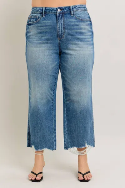 Judy Blue High Rise Rigid Magic Destroy Hem Crop Wide Leg Jeans- Plus In Denim In Blue
