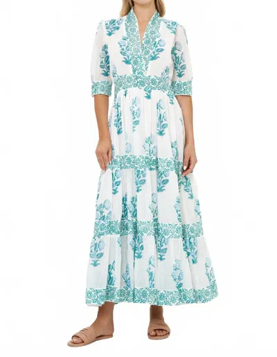 Oliphant V-neck Cuffed Maxi Dress In Salvia Green In White