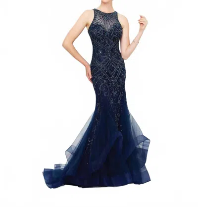 Ivonne D Sleeveless Tulle Over Jersey Gown In Midnight
