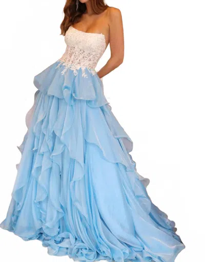 Ava Presley Sheer Lace Corset Ruffle Ballgown Dress In White/light Blue
