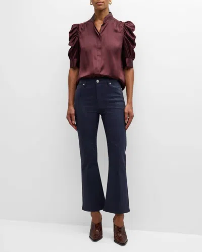 Frame Gillian Silk Ruched Sleeve Top In Wine In Blue
