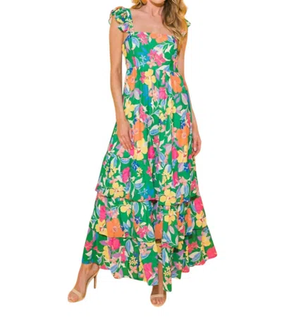Lure Boutique Summer Floral Print Ruffle Sleeveless Tiered Maxi Dress In Green