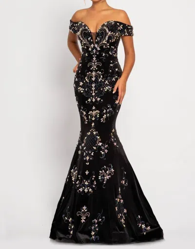 Johnathan Kayne Mesh Stretch Velvet Gown In Black In Black