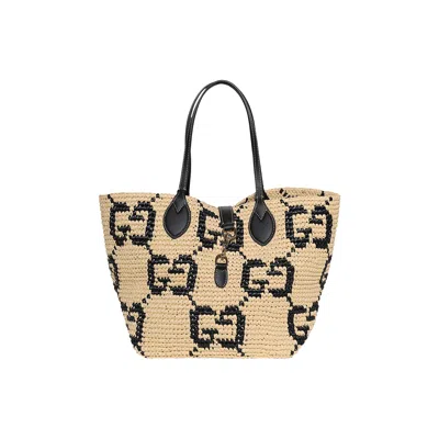 Pre-owned Gucci Woven Medium Tote Bag 'natural/black' | Tan | Women's Size Onesize In Brown