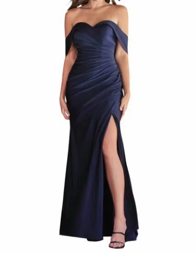 Cinderella Divine Riga Stretch Satin Off Shoulder Dress In Navy