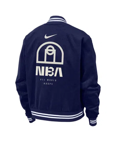 Nike Blue Nba All World Hoops Team 31 Trend Corduroy Full-snap Bomber Jacket In Blue