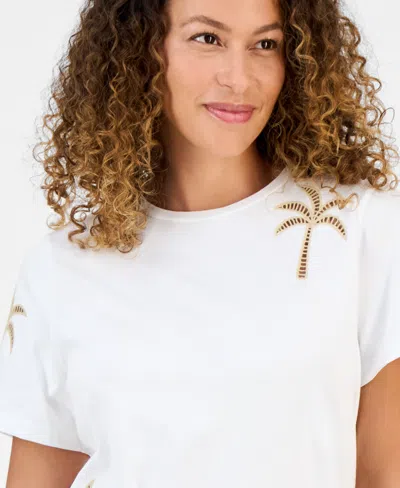 Inc International Concepts Petite Cotton Palm Crewneck Tee, Exclusively At Macy's
