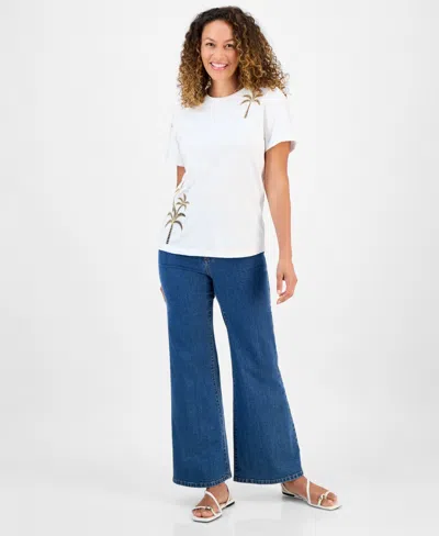 Inc International Concepts Petite Cotton Palm Crewneck Tee, Exclusively At Macy's
