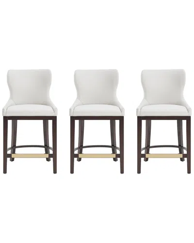 Manhattan Comfort Set Of 3 Blair Leatherette Barstools With Beech Wood Legs In White