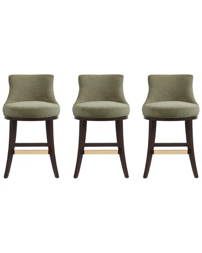 Manhattan Comfort Set Of 3 Lucia Chenille Counter Stools With Beech Wood Legs In Green