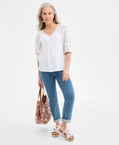 Style & Co Women's Embroidered 3/4-sleeve V-neck Top, Exclusively At Macy's In White