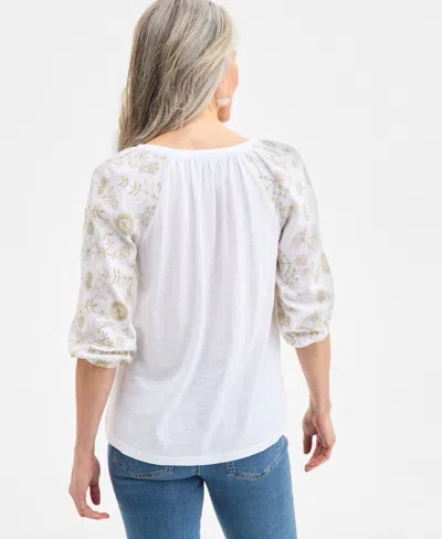 Style & Co Women's Embroidered 3/4-sleeve V-neck Top, Exclusively At Macy's In White
