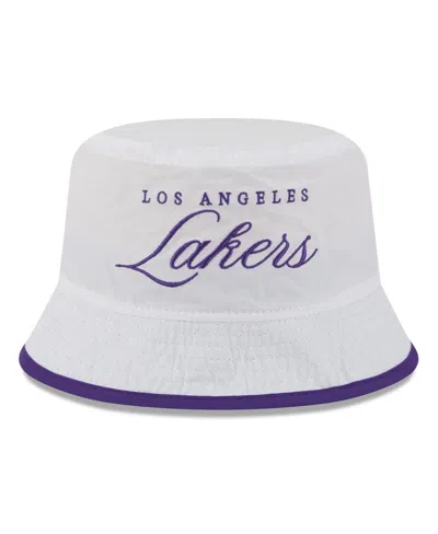 New Era Men's White/purple Los Angeles Lakers 2025 Nba Draft Nylon Bucket Hat