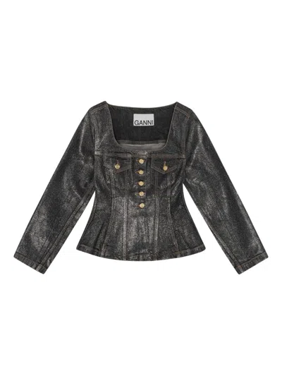 Ganni Denim Cotton Blazer Jacket In Black