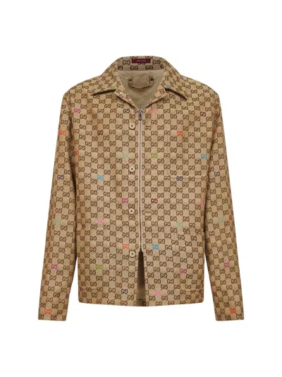 Gucci Beige Shirt With Spread Collar And Two Front Welt Pockets In Gg Canvas Man