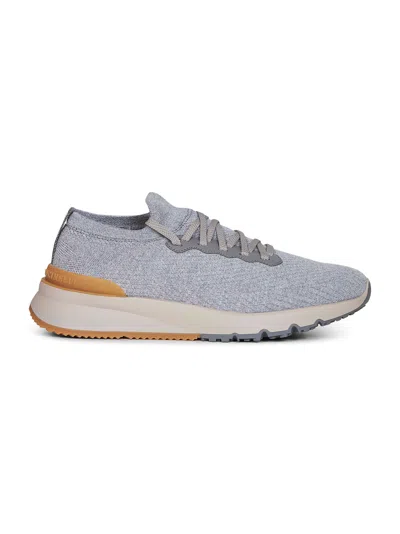 Brunello Cucinelli Low Slip-on Stretch Wool Knit Sneakers With Rubber Sole In Gray