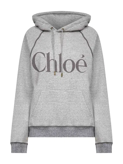 Chloé Hooded Cotton Blend Sweatshirt With Kangaroo Pocket In Gray