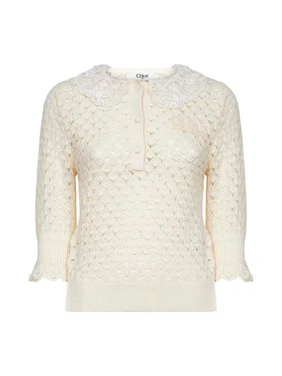 Chloé Ivory Knit Polo Shirt With Lace Collar