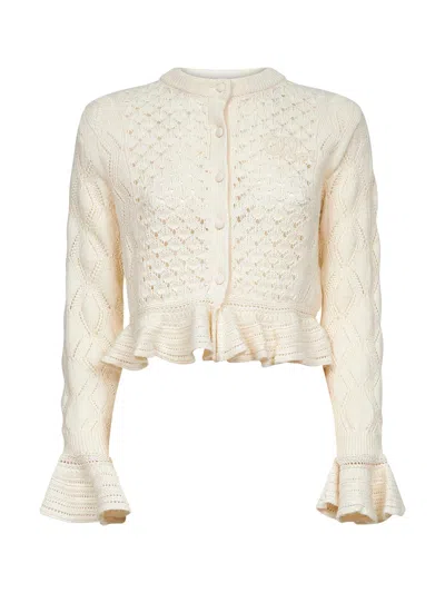Chloé Ivory Knit Ruffled Logo Cardigan