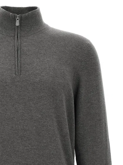 Brunello Cucinelli Half-zip High Collar Ribbed Sweater In Gray