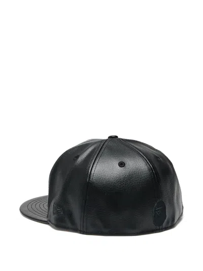 A Bathing Ape X New Era Leather Embroidered Baseball Cap In Black