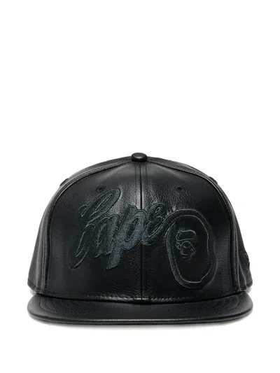 A Bathing Ape X New Era Leather Embroidered Baseball Cap In Black
